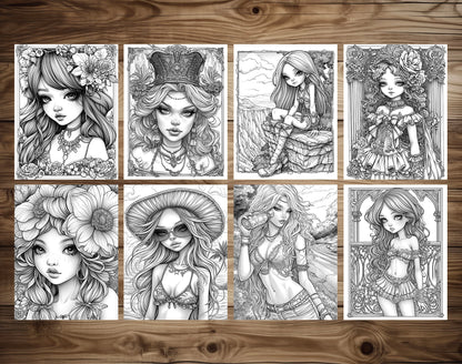 50 Pretty Girl Grayscale Coloring Pages - Instant Download - Printable PDF Dark/Light – preview 5