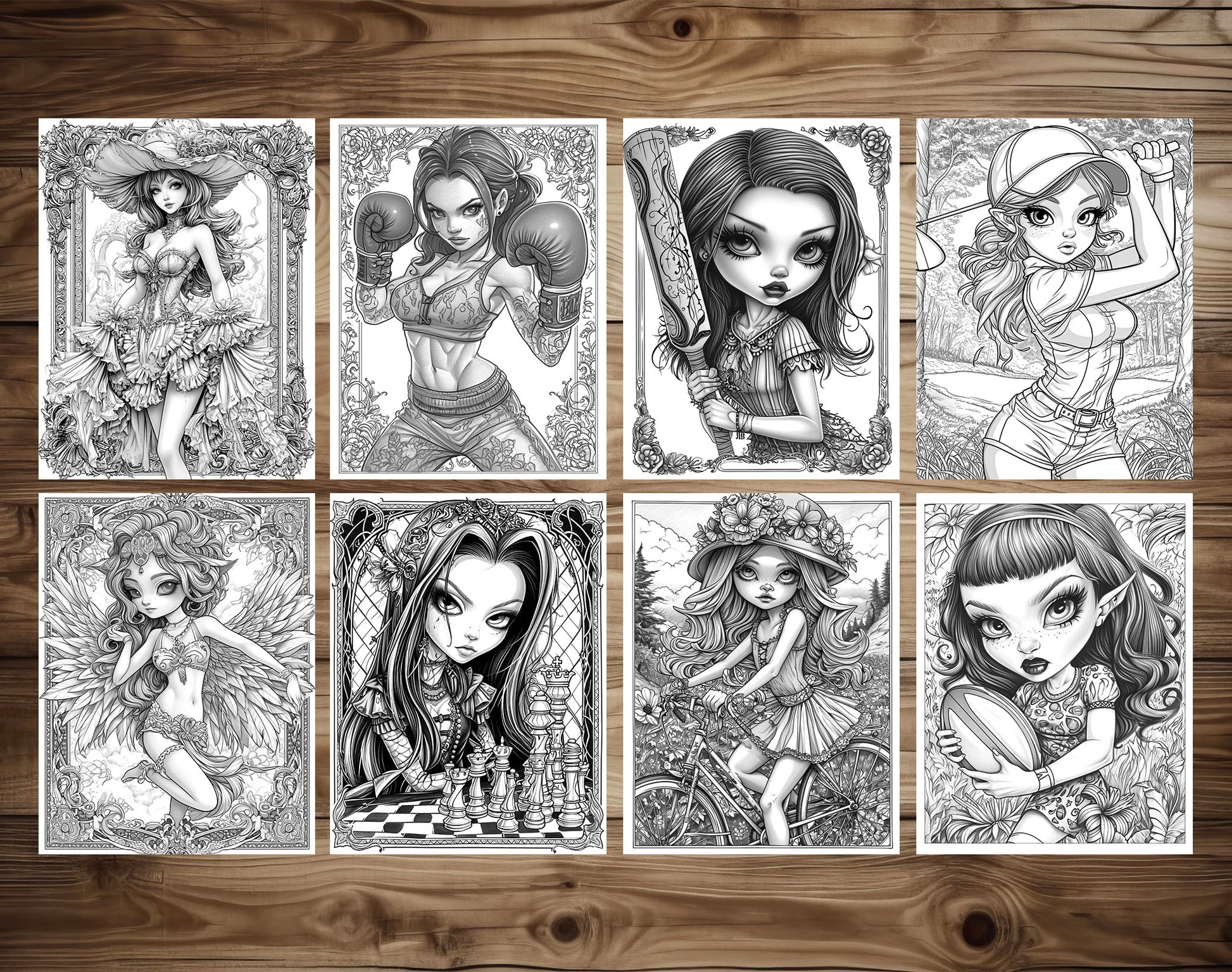 50 Pretty Girl Grayscale Coloring Pages - Instant Download - Printable PDF Dark/Light – preview 6