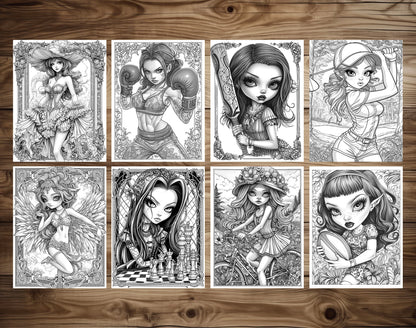 50 Pretty Girl Grayscale Coloring Pages - Instant Download - Printable PDF Dark/Light – preview 6
