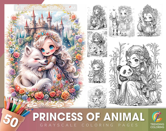 50 Princess Of Animal Grayscale Coloring Pages - Instant Download - Printable PDF Dark/Light