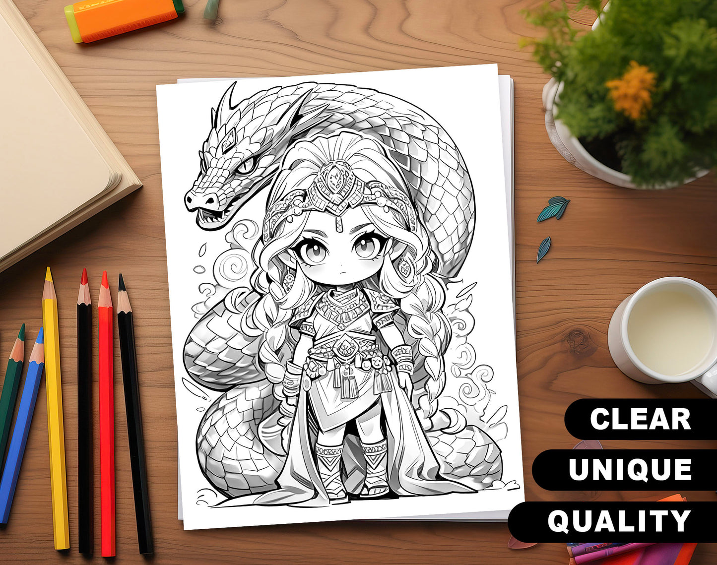 50 Princess Of Animal Grayscale Coloring Pages - Instant Download - Printable PDF Dark/Light – preview 3