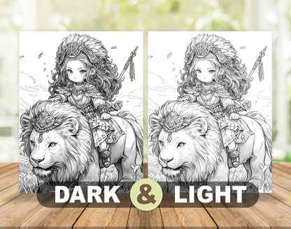 50 Princess Of Animal Grayscale Coloring Pages - Instant Download - Printable PDF Dark/Light – preview 4