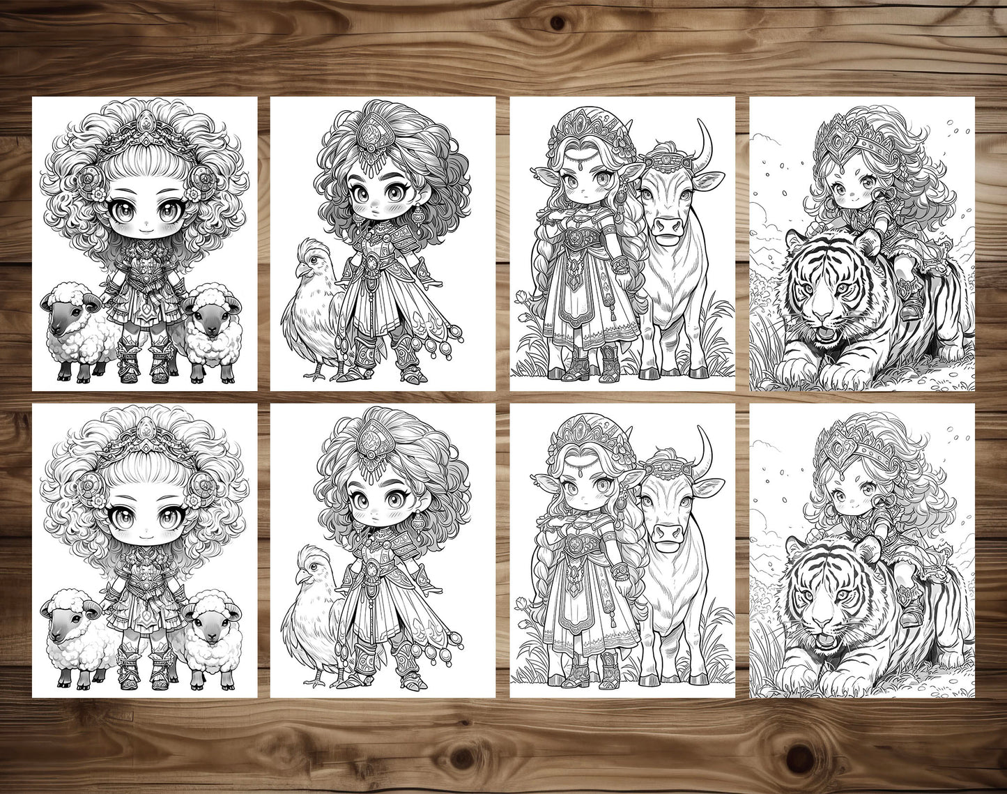 50 Princess Of Animal Grayscale Coloring Pages - Instant Download - Printable PDF Dark/Light – preview 5