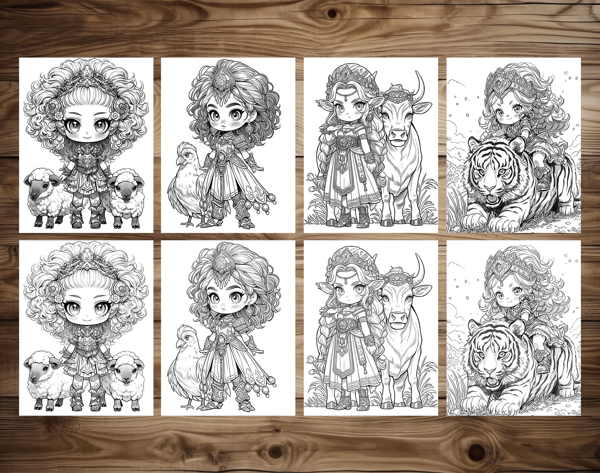 50 Princess Of Animal Grayscale Coloring Pages - Instant Download - Printable PDF Dark/Light – preview 5