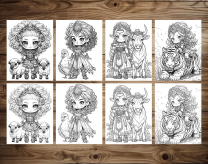 50 Princess Of Animal Grayscale Coloring Pages - Instant Download - Printable PDF Dark/Light – preview 5