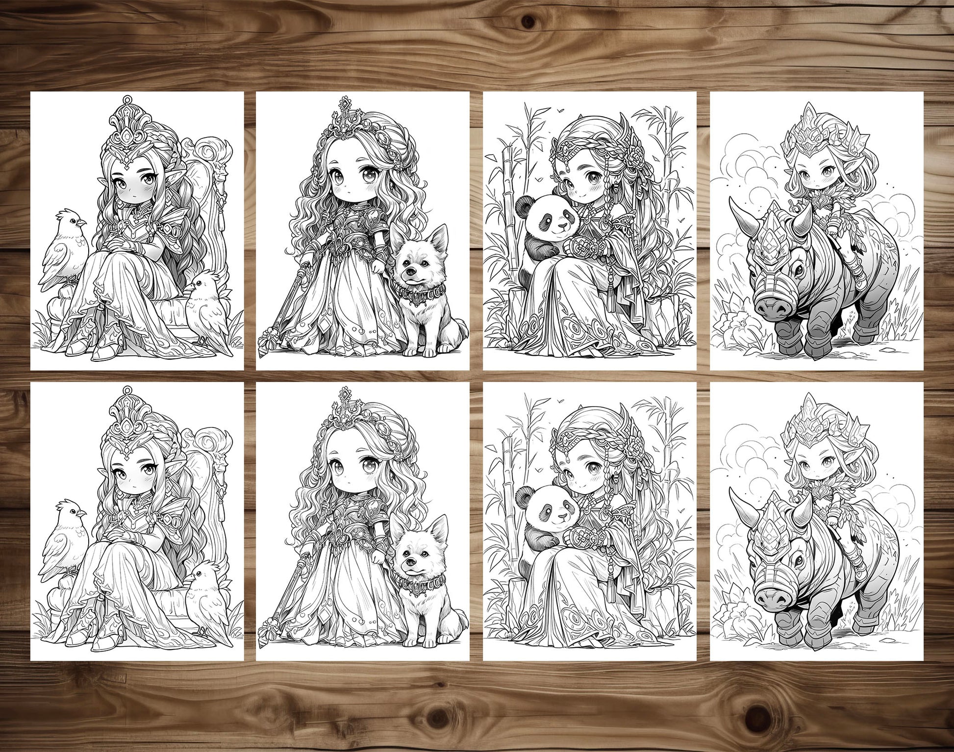 50 Princess Of Animal Grayscale Coloring Pages - Instant Download - Printable PDF Dark/Light – preview 6