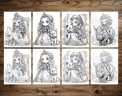 50 Princess Of Animal Grayscale Coloring Pages - Instant Download - Printable PDF Dark/Light – preview 6