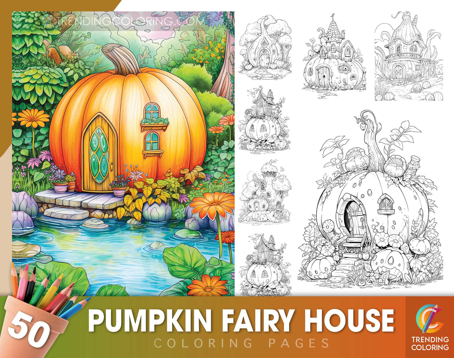 50 Pumpkin Fairy House Coloring Pages - Instant Download - Printable PDF