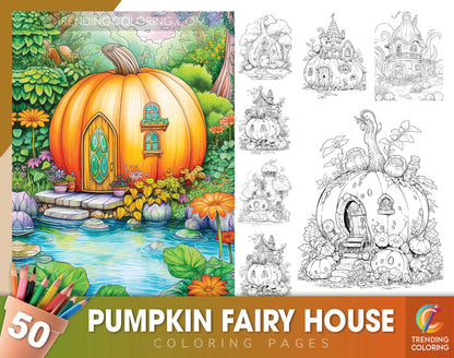 50 Pumpkin Fairy House Coloring Pages - Instant Download - Printable PDF