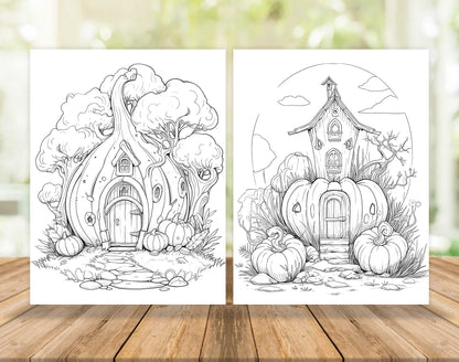 50 Pumpkin Fairy House Coloring Pages - Instant Download - Printable PDF – preview 4
