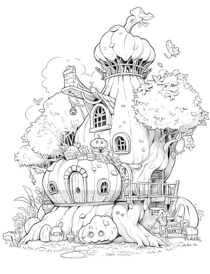 50 Pumpkin Fairy House Coloring Pages - Instant Download - Printable PDF – preview 6