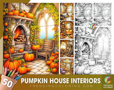 50 Kürbis-Haus-Interieurs Graustufen Ausmalseiten - Halloween Ausmalen - Sofortiger Download - Druckbare PDF Dunkel/Hell