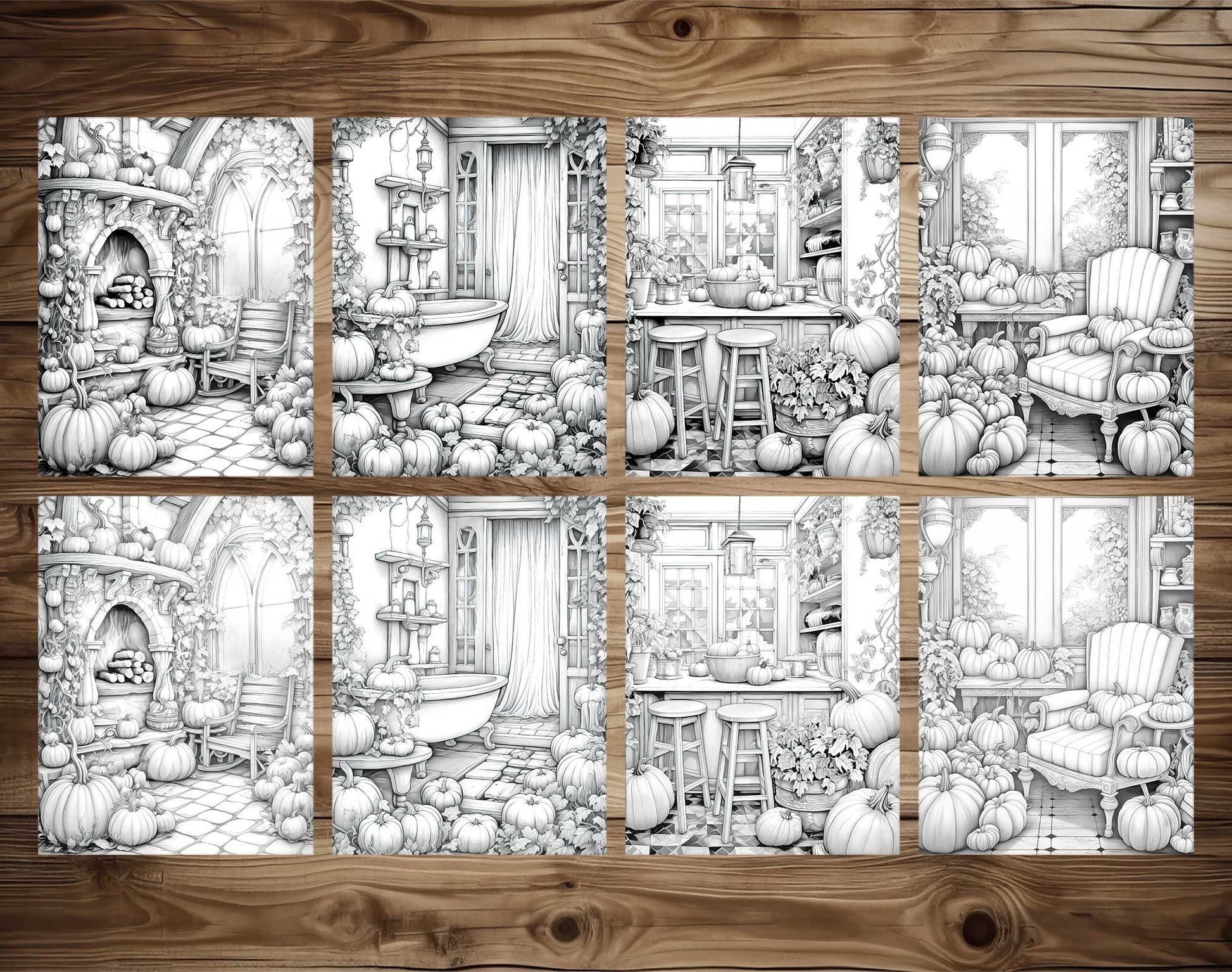 50 Pumpkin House Interiors Grayscale Coloring Pages - Halloween Coloring - Instant Download - Printable PDF Dark/Light – preview 3
