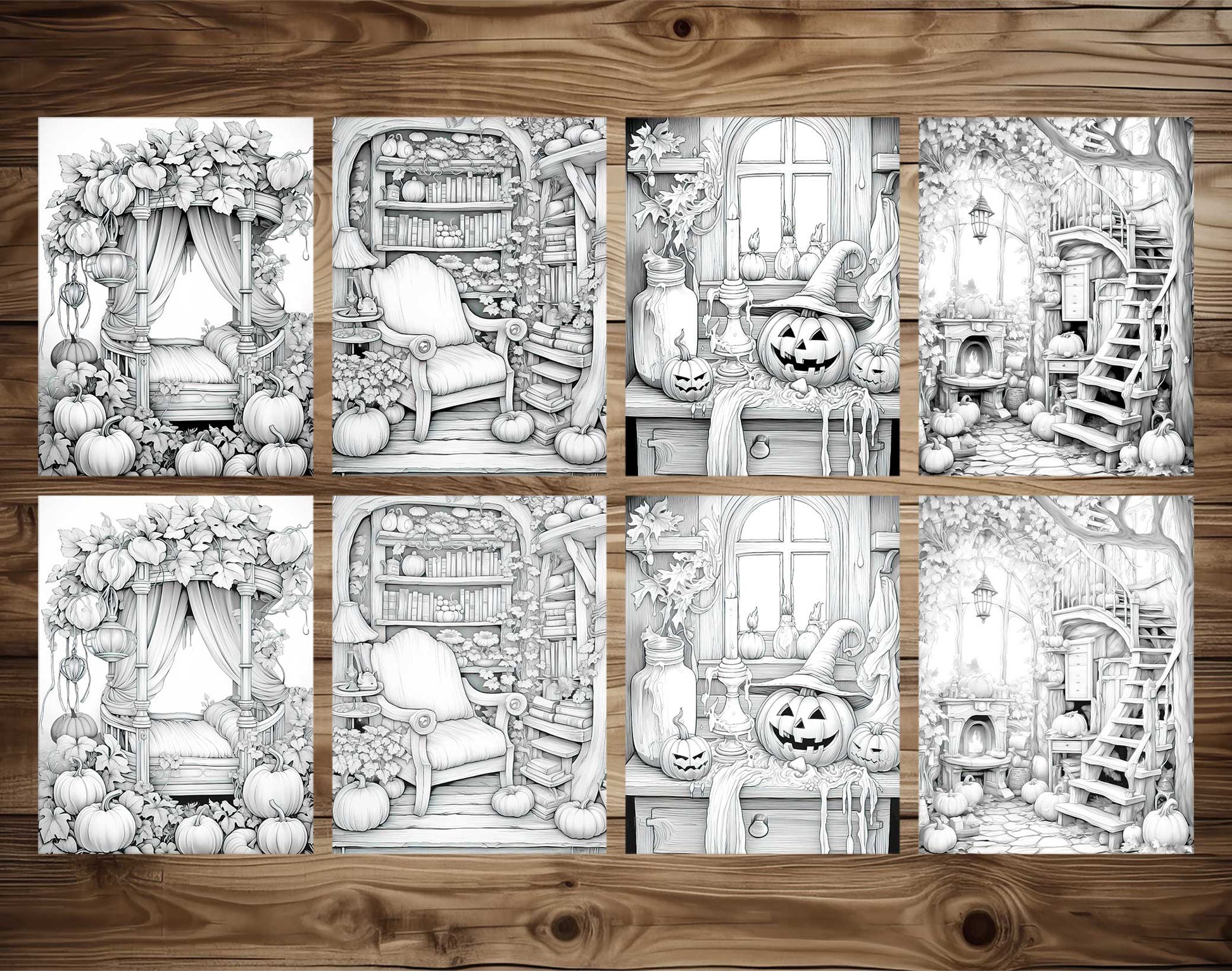 50 Pumpkin House Interiors Grayscale Coloring Pages - Halloween Coloring - Instant Download - Printable PDF Dark/Light – preview 4