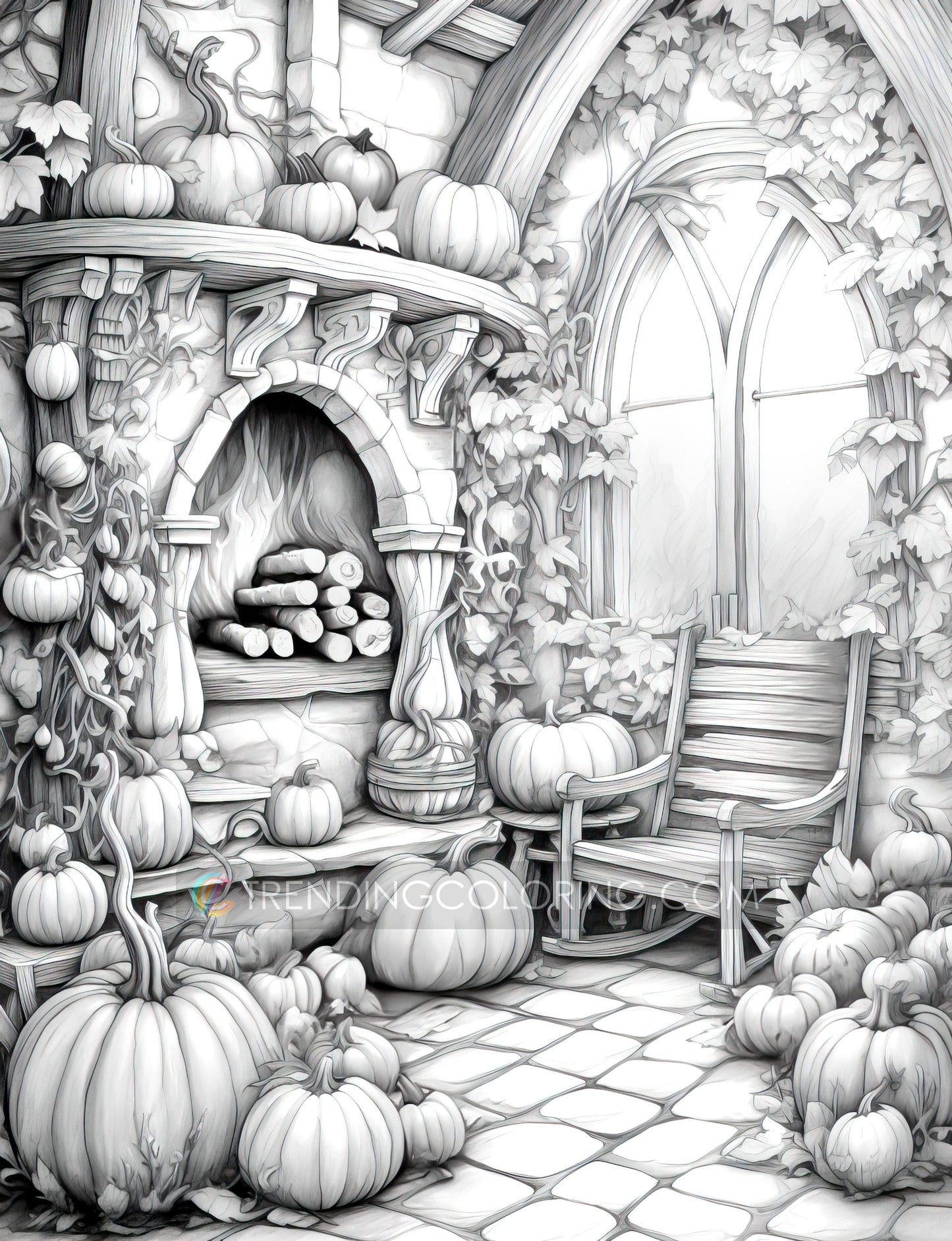 50 Pumpkin House Interiors Grayscale Coloring Pages - Halloween Coloring - Instant Download - Printable PDF Dark/Light – preview 5