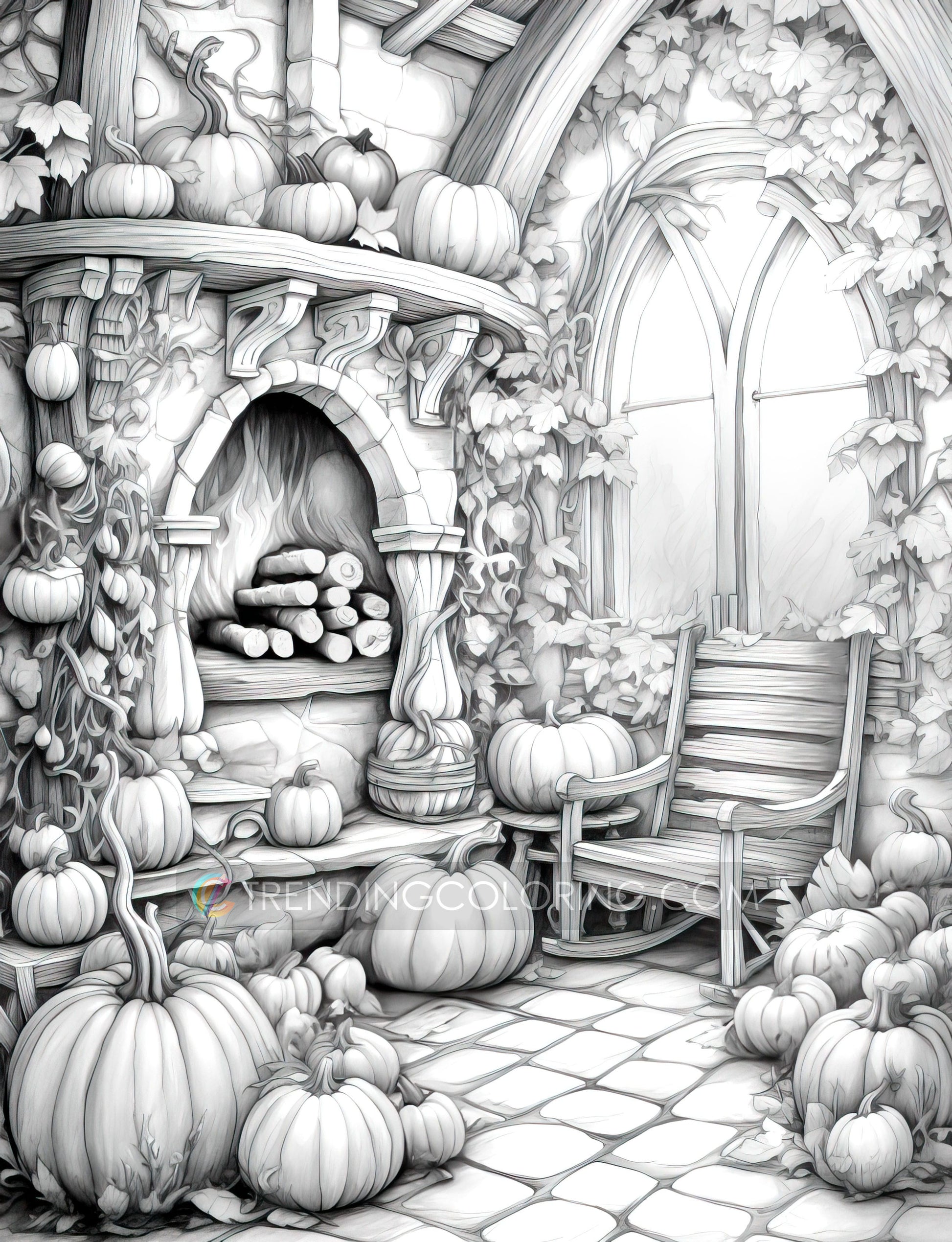 50 Pumpkin House Interiors Grayscale Coloring Pages - Halloween Coloring - Instant Download - Printable PDF Dark/Light – preview 5