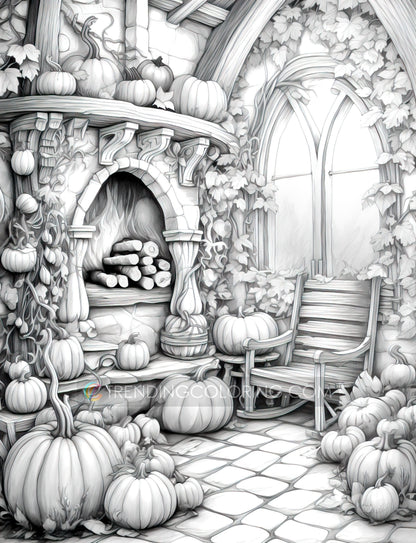 50 Pumpkin House Interiors Grayscale Coloring Pages - Halloween Coloring - Instant Download - Printable PDF Dark/Light – preview 5