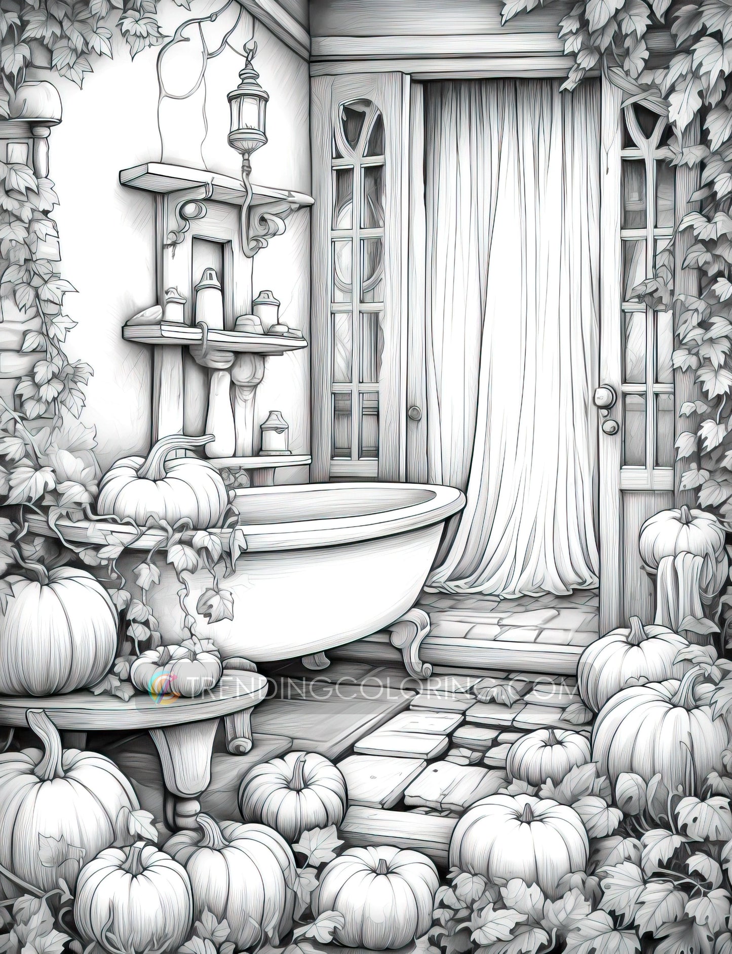 50 Pumpkin House Interiors Grayscale Coloring Pages - Halloween Coloring - Instant Download - Printable PDF Dark/Light – preview 6