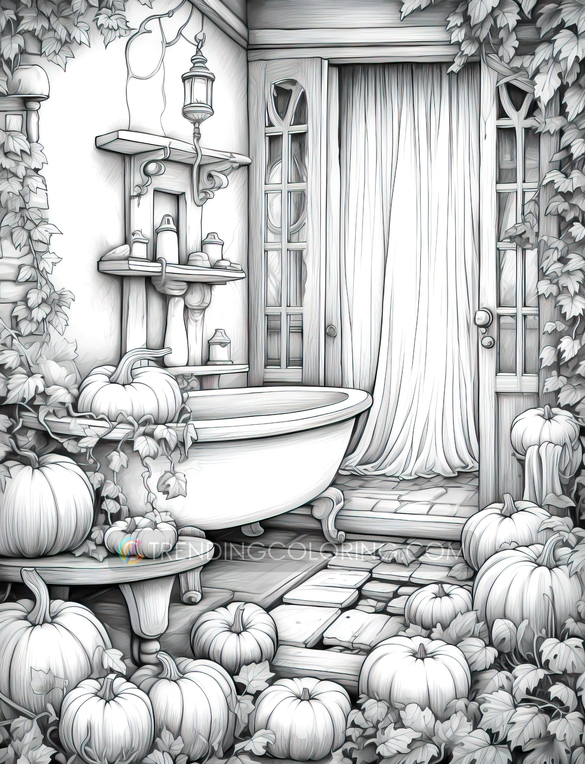 50 Pumpkin House Interiors Grayscale Coloring Pages - Halloween Coloring - Instant Download - Printable PDF Dark/Light – preview 6