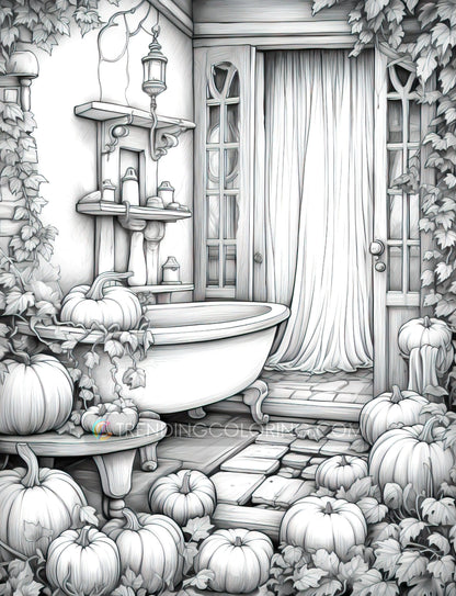 50 Pumpkin House Interiors Grayscale Coloring Pages - Halloween Coloring - Instant Download - Printable PDF Dark/Light – preview 6