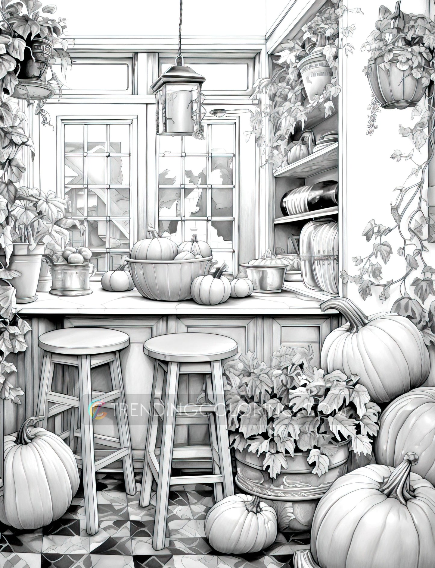 50 Pumpkin House Interiors Grayscale Coloring Pages - Halloween Coloring - Instant Download - Printable PDF Dark/Light – preview 7