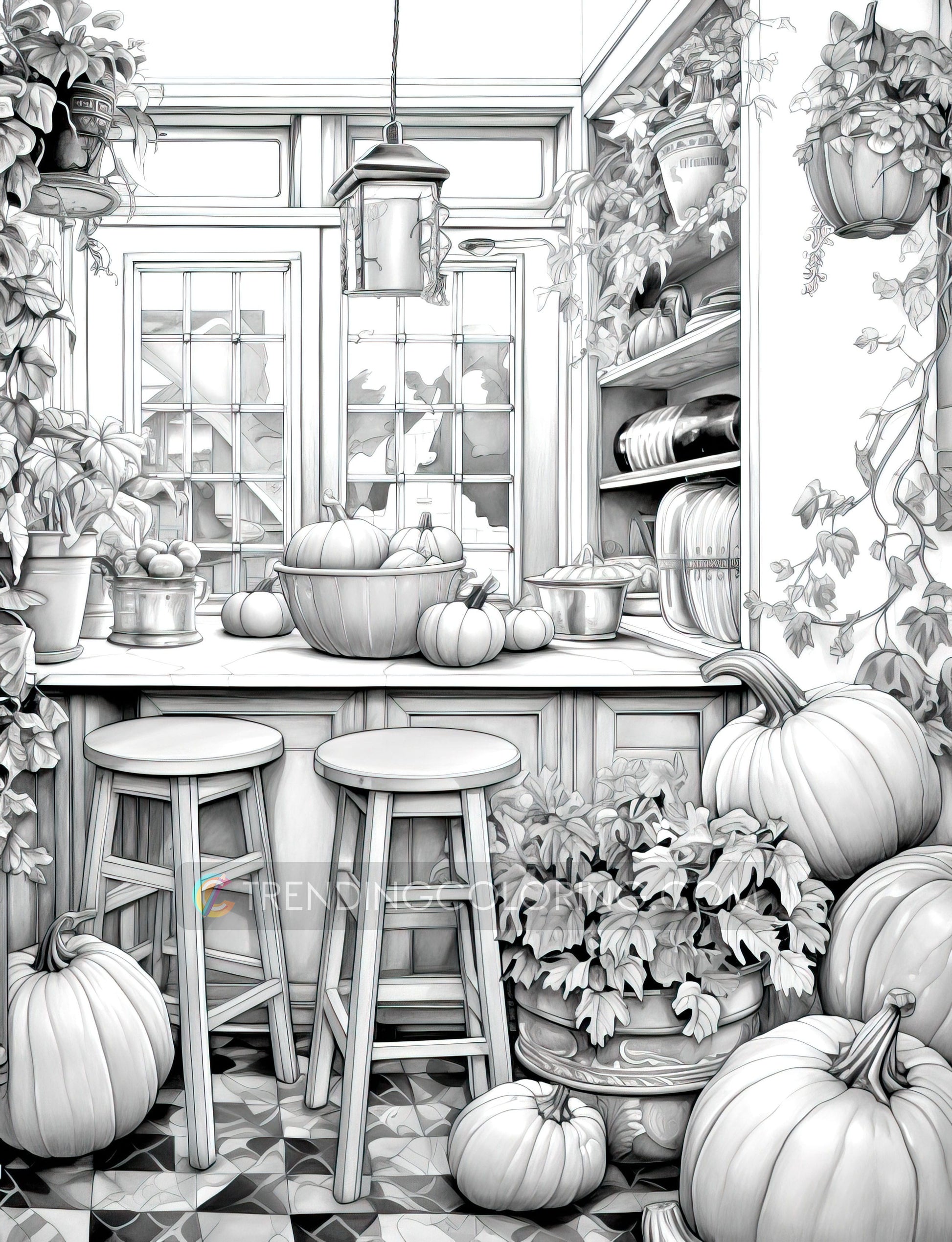 50 Pumpkin House Interiors Grayscale Coloring Pages - Halloween Coloring - Instant Download - Printable PDF Dark/Light – preview 7