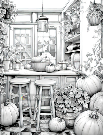50 Pumpkin House Interiors Grayscale Coloring Pages - Halloween Coloring - Instant Download - Printable PDF Dark/Light – preview 7