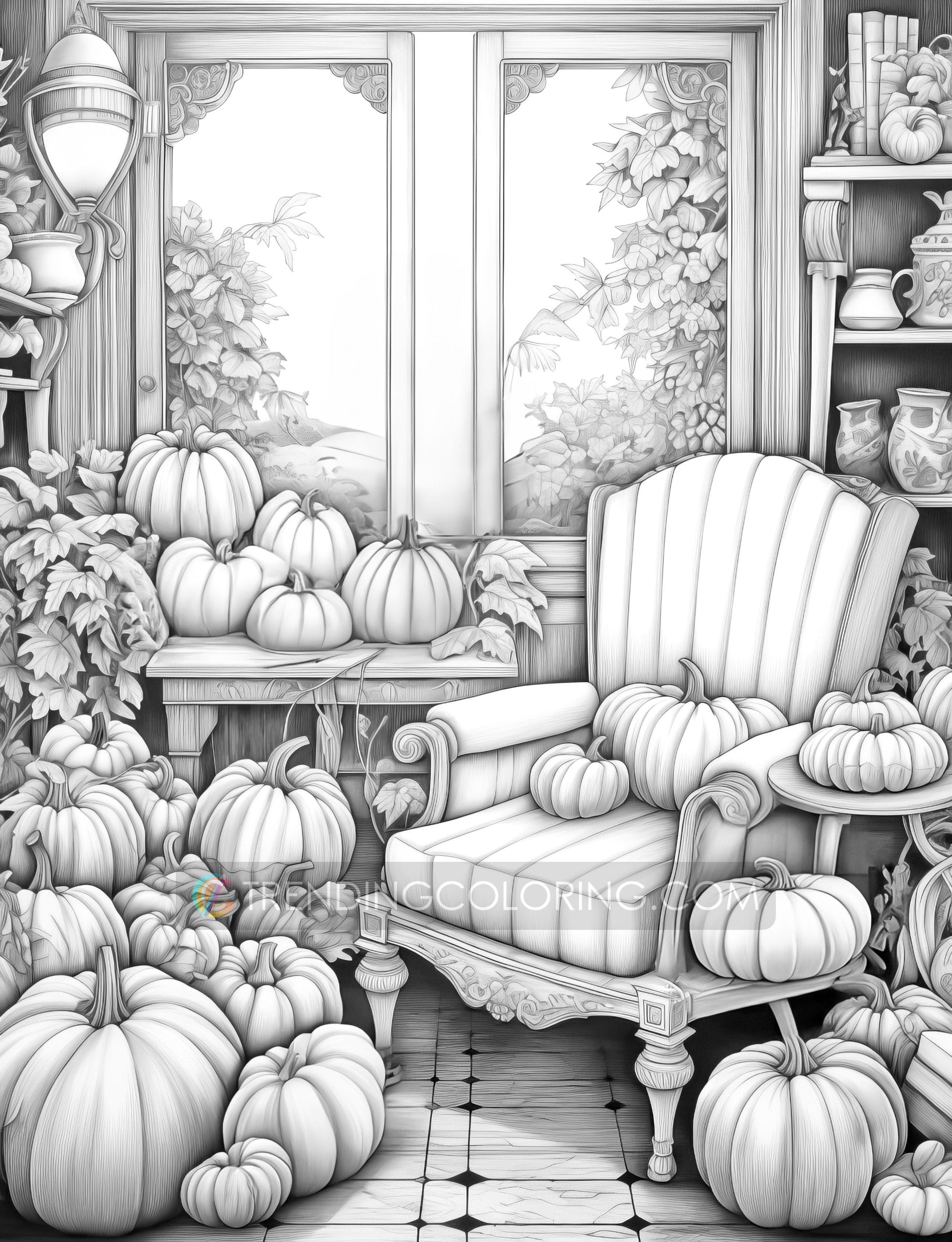 50 Pumpkin House Interiors Grayscale Coloring Pages - Halloween Coloring - Instant Download - Printable PDF Dark/Light – preview 8