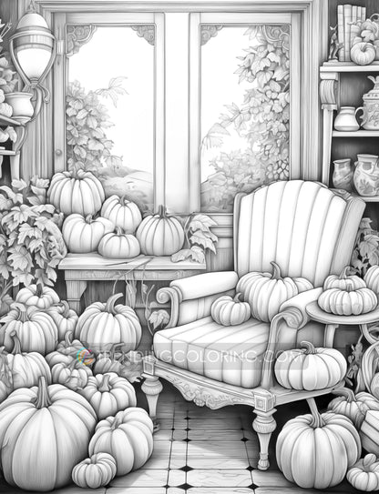 50 Pumpkin House Interiors Grayscale Coloring Pages - Halloween Coloring - Instant Download - Printable PDF Dark/Light – preview 8