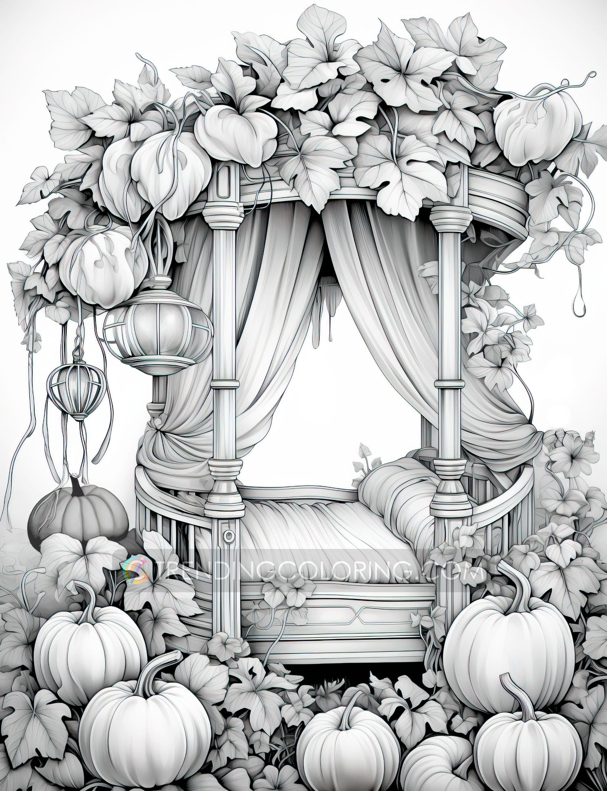 50 Pumpkin House Interiors Grayscale Coloring Pages - Halloween Coloring - Instant Download - Printable PDF Dark/Light – preview 9