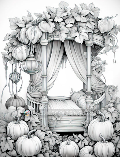 50 Pumpkin House Interiors Grayscale Coloring Pages - Halloween Coloring - Instant Download - Printable PDF Dark/Light – preview 9