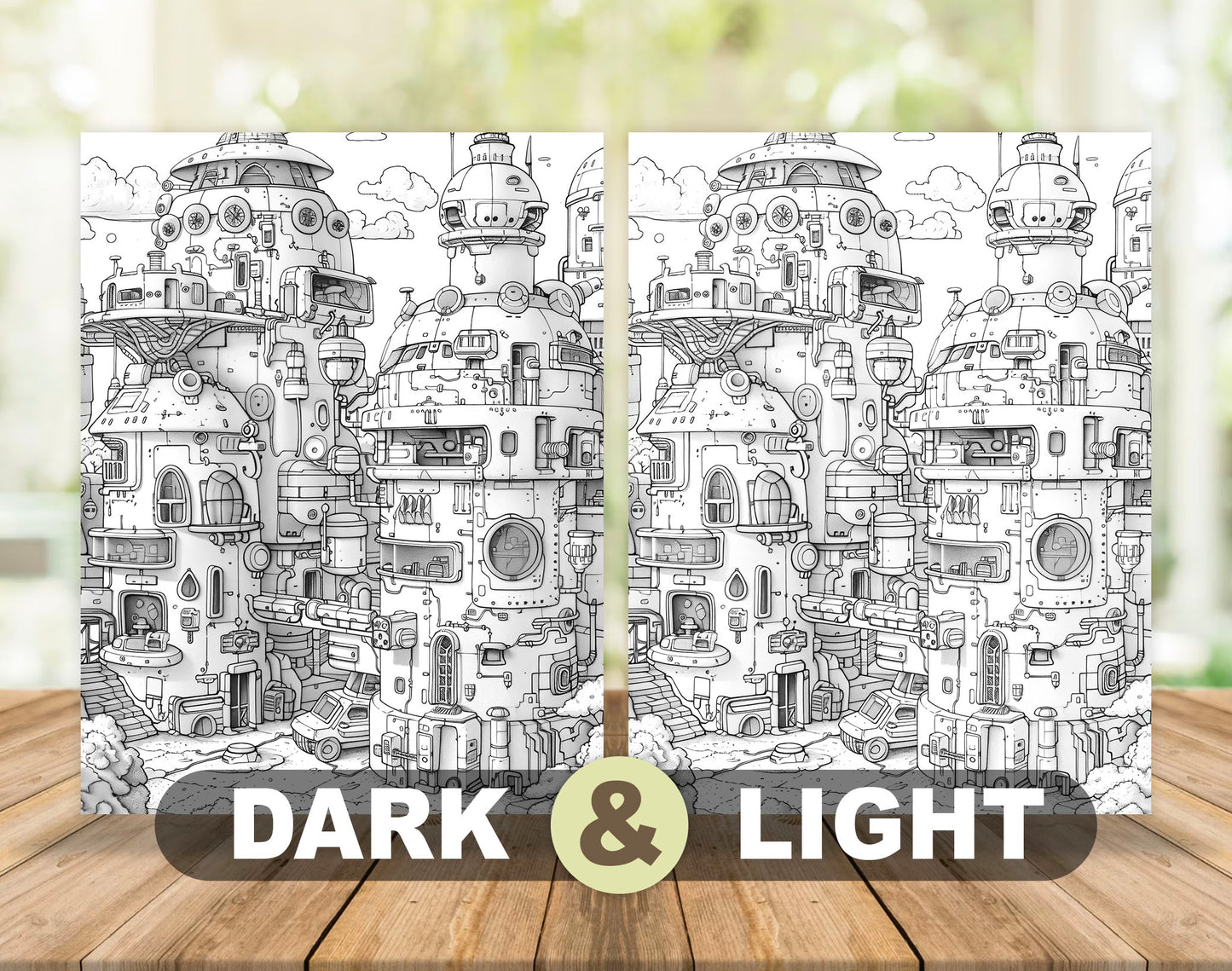 50 Robot World Grayscale Coloring Pages - Instant Download - Printable PDF Dark/Light – preview 4