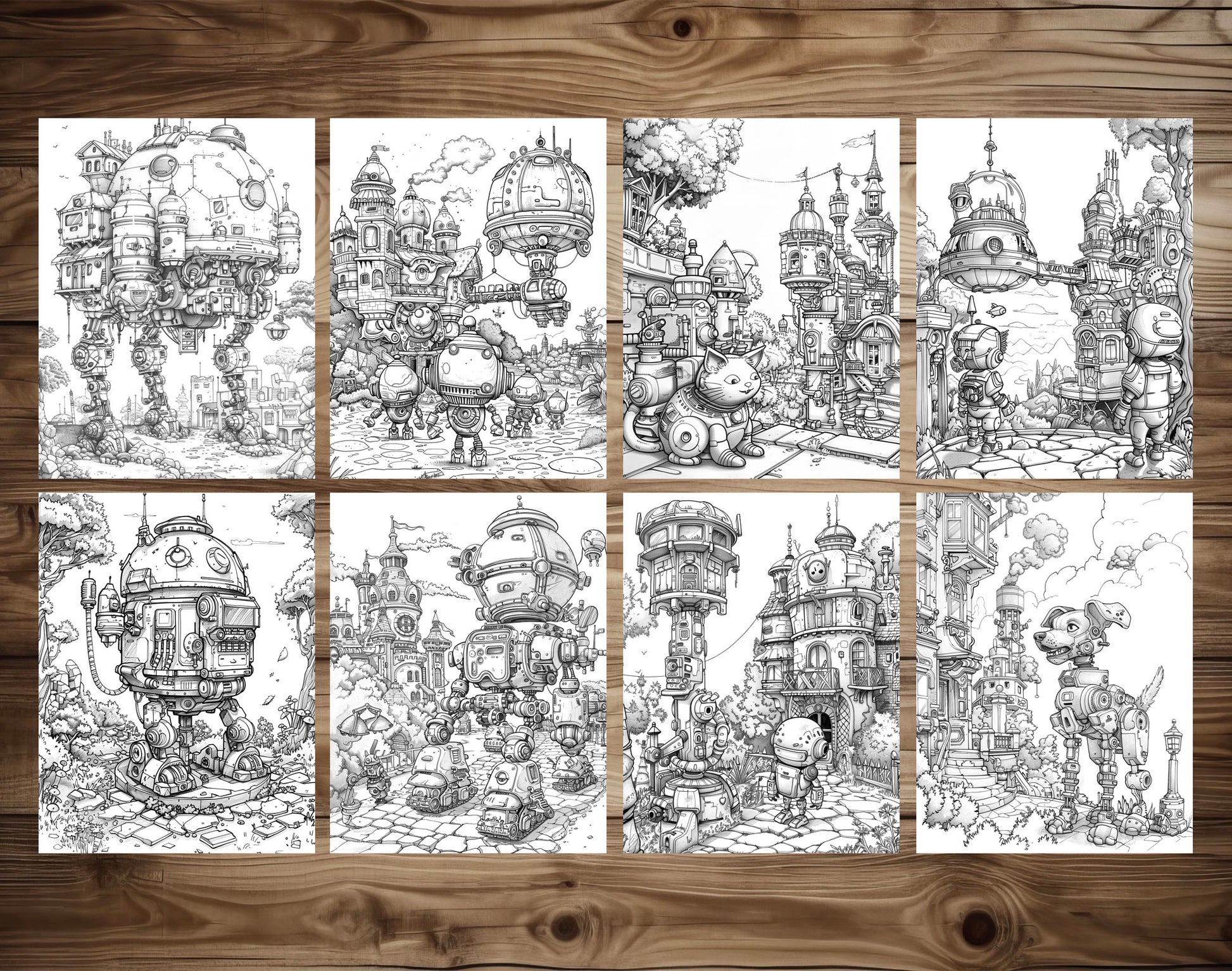 50 Robot World Grayscale Coloring Pages - Instant Download - Printable PDF Dark/Light – preview 5