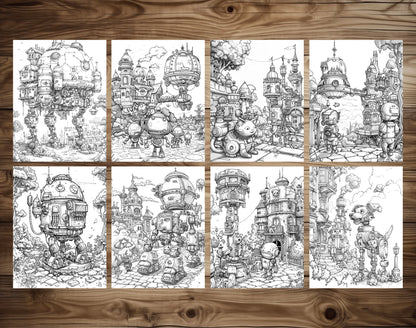 50 Robot World Grayscale Coloring Pages - Instant Download - Printable PDF Dark/Light – preview 5