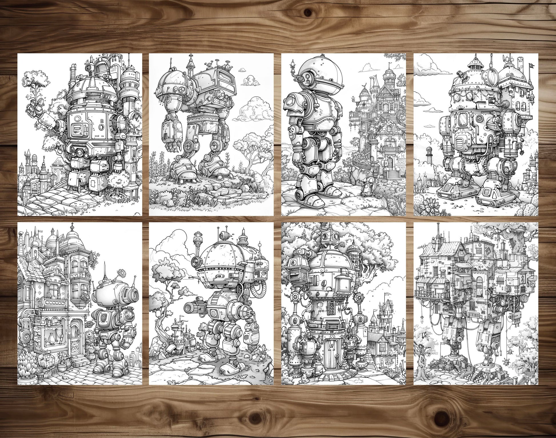 50 Robot World Grayscale Coloring Pages - Instant Download - Printable PDF Dark/Light – preview 6