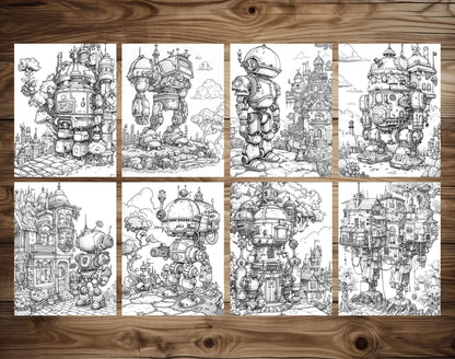 50 Robot World Grayscale Coloring Pages - Instant Download - Printable PDF Dark/Light – preview 6
