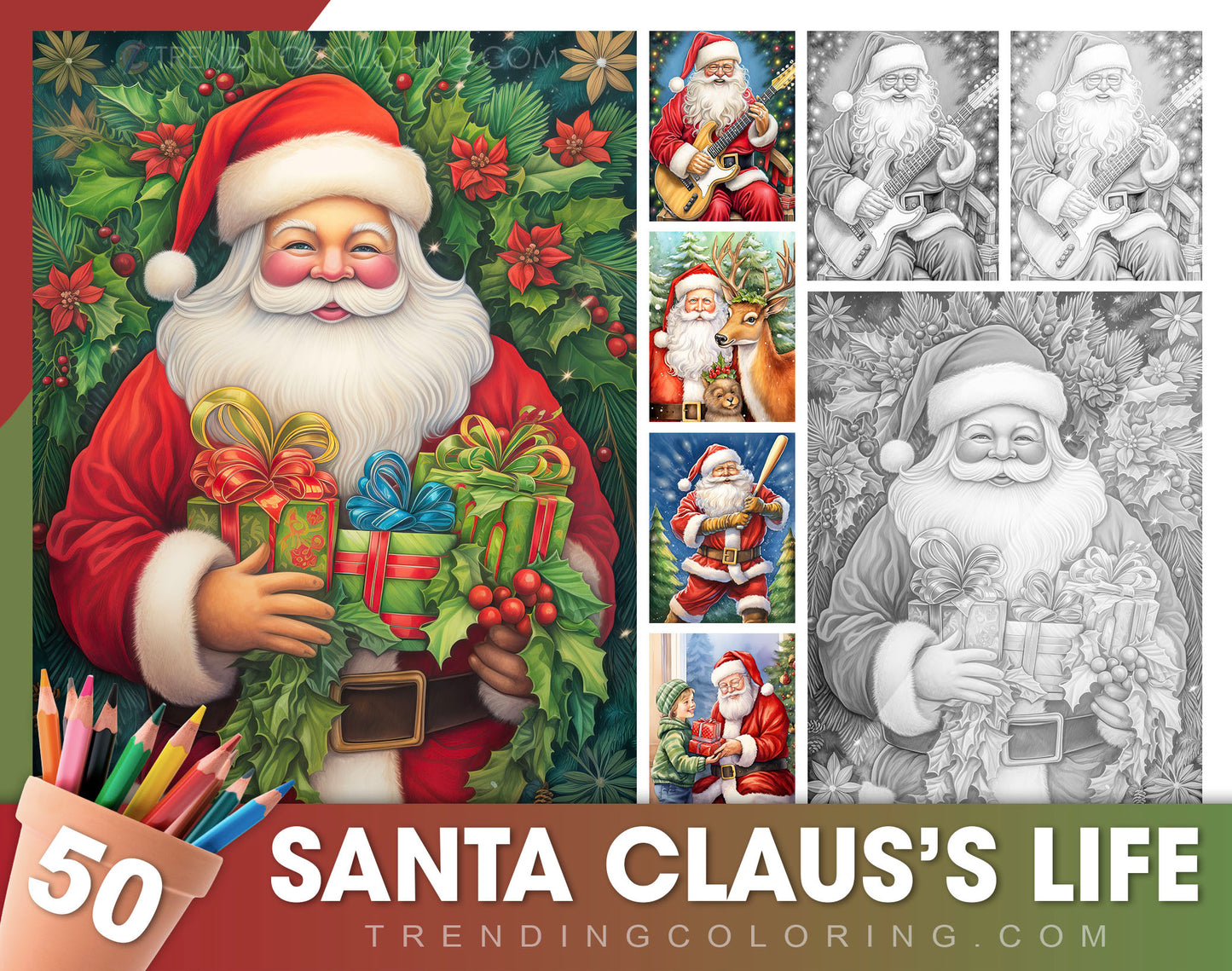 50 Santa Claus's Life Grayscale Coloring Pages - Instant Download - Printable PDF Dark/Light