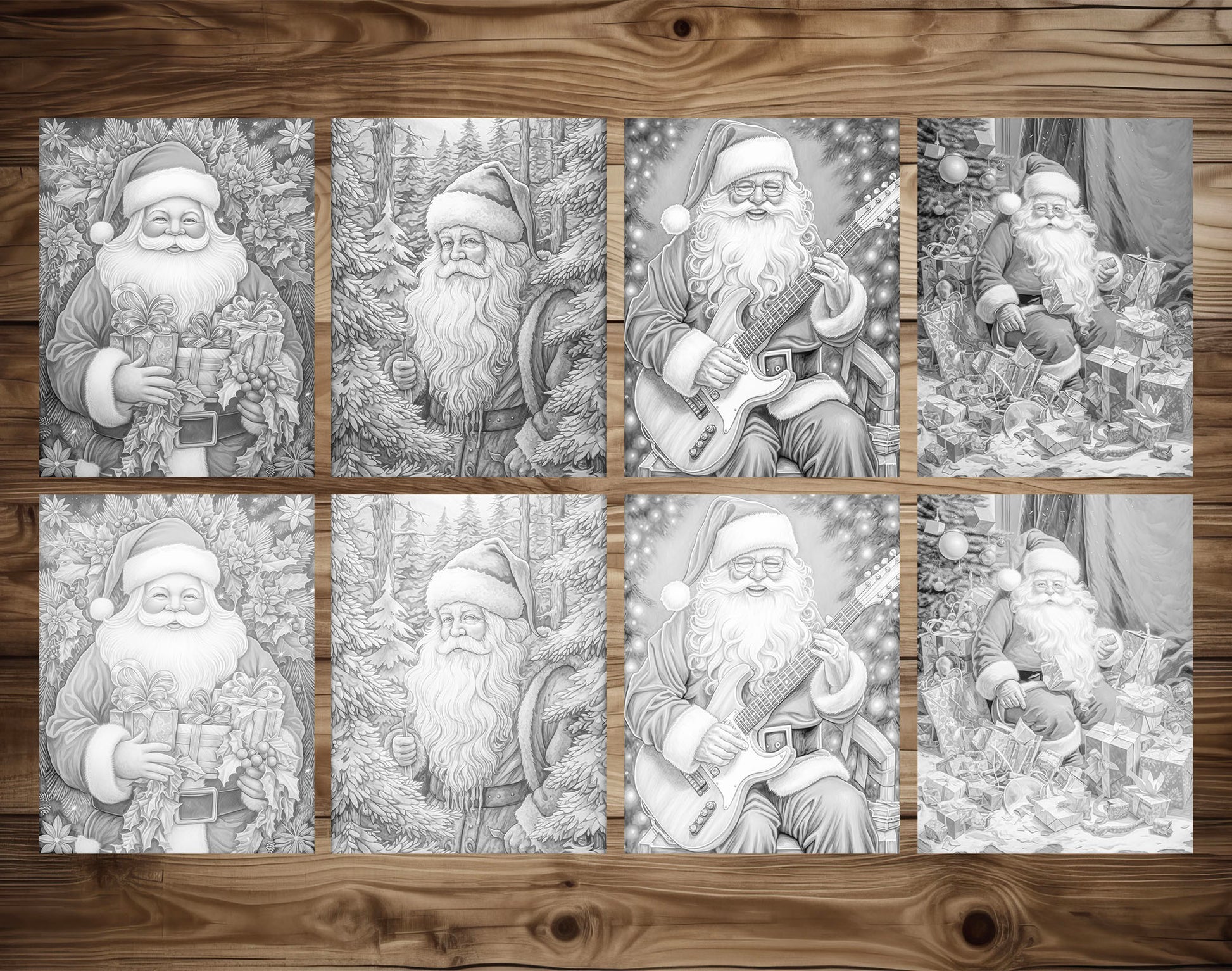 50 Santa Claus's Life Grayscale Coloring Pages - Instant Download - Printable PDF Dark/Light – preview 6