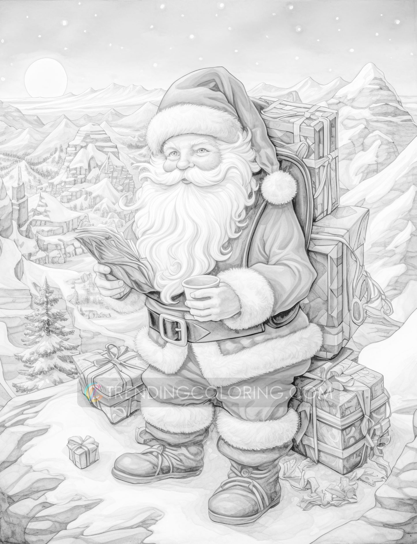 50 Santa Claus's Life Grayscale Coloring Pages - Instant Download - Printable PDF Dark/Light – preview 8