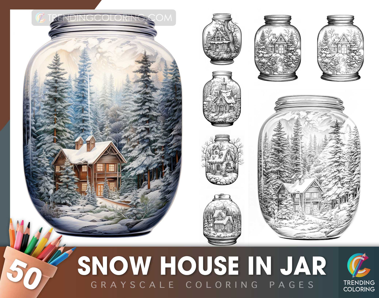 50 Snow House In Jar Grayscale Coloring Pages - Instant Download - Printable PDF Dark/Light