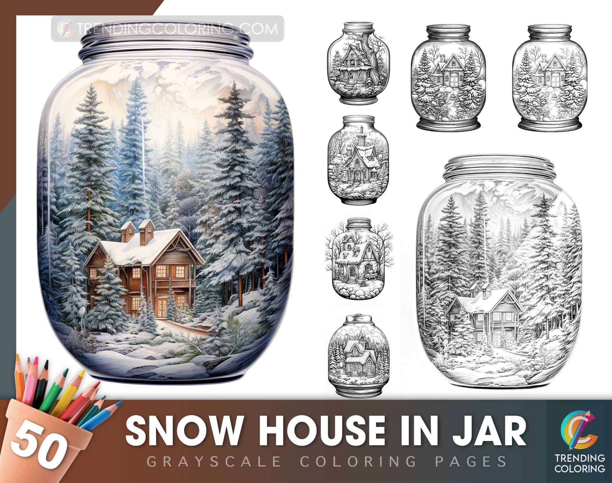 50 Snow House In Jar Grayscale Coloring Pages - Instant Download - Printable PDF Dark/Light