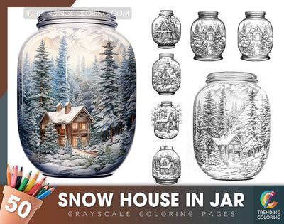 50 Snow House In Jar Grayscale Coloring Pages - Instant Download - Printable PDF Dark/Light