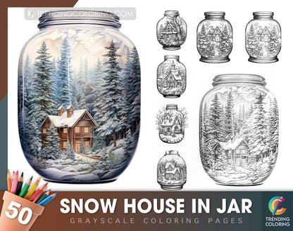 50 Snow House In Jar Grayscale Coloring Pages - Instant Download - Printable PDF Dark/Light