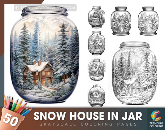 50 Snow House In Jar Grayscale Coloring Pages - Instant Download - Printable PDF Dark/Light