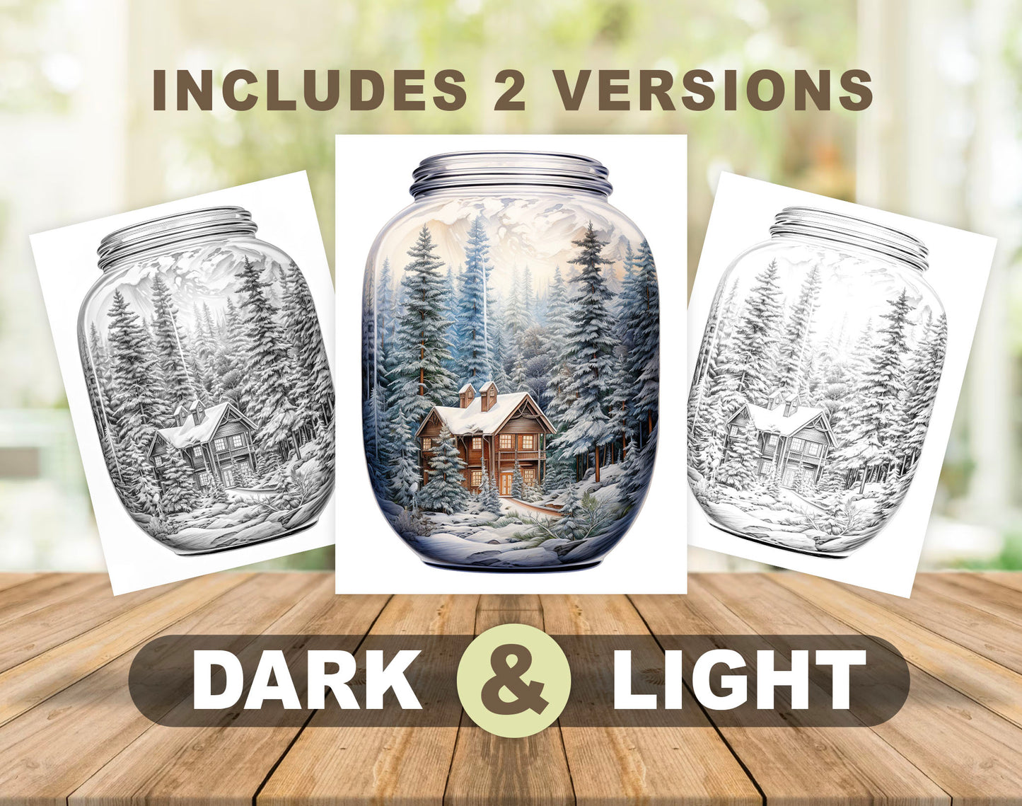 50 Snow House In Jar Grayscale Coloring Pages - Instant Download - Printable PDF Dark/Light – preview 4