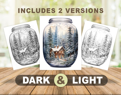 50 Snow House In Jar Grayscale Coloring Pages - Instant Download - Printable PDF Dark/Light – preview 4
