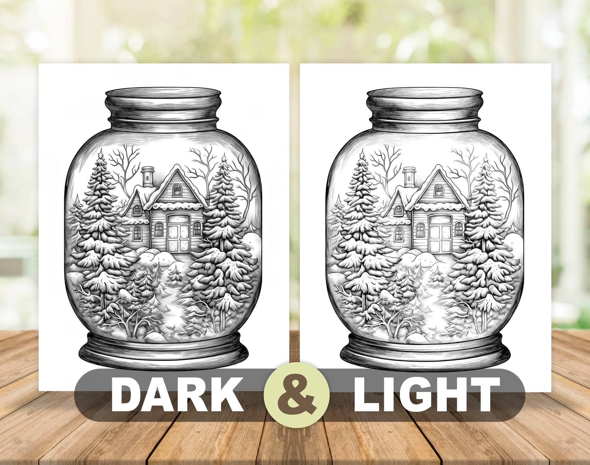50 Snow House In Jar Grayscale Coloring Pages - Instant Download - Printable PDF Dark/Light – preview 5