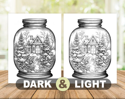 50 Snow House In Jar Grayscale Coloring Pages - Instant Download - Printable PDF Dark/Light – preview 5