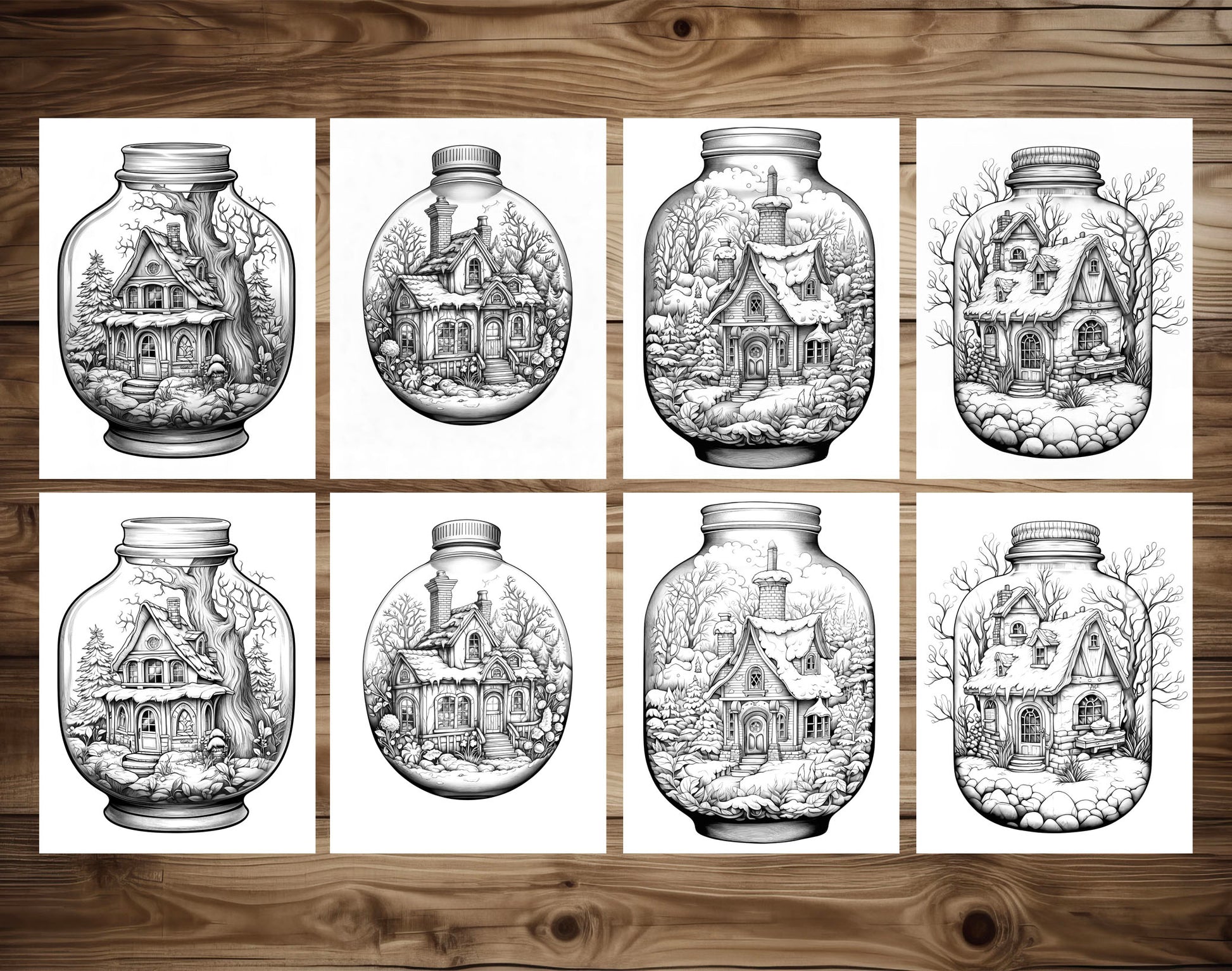 50 Snow House In Jar Grayscale Coloring Pages - Instant Download - Printable PDF Dark/Light – preview 6