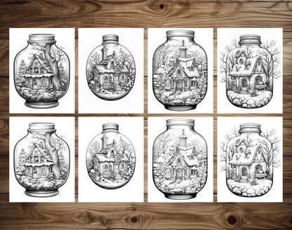 50 Snow House In Jar Grayscale Coloring Pages - Instant Download - Printable PDF Dark/Light – preview 6